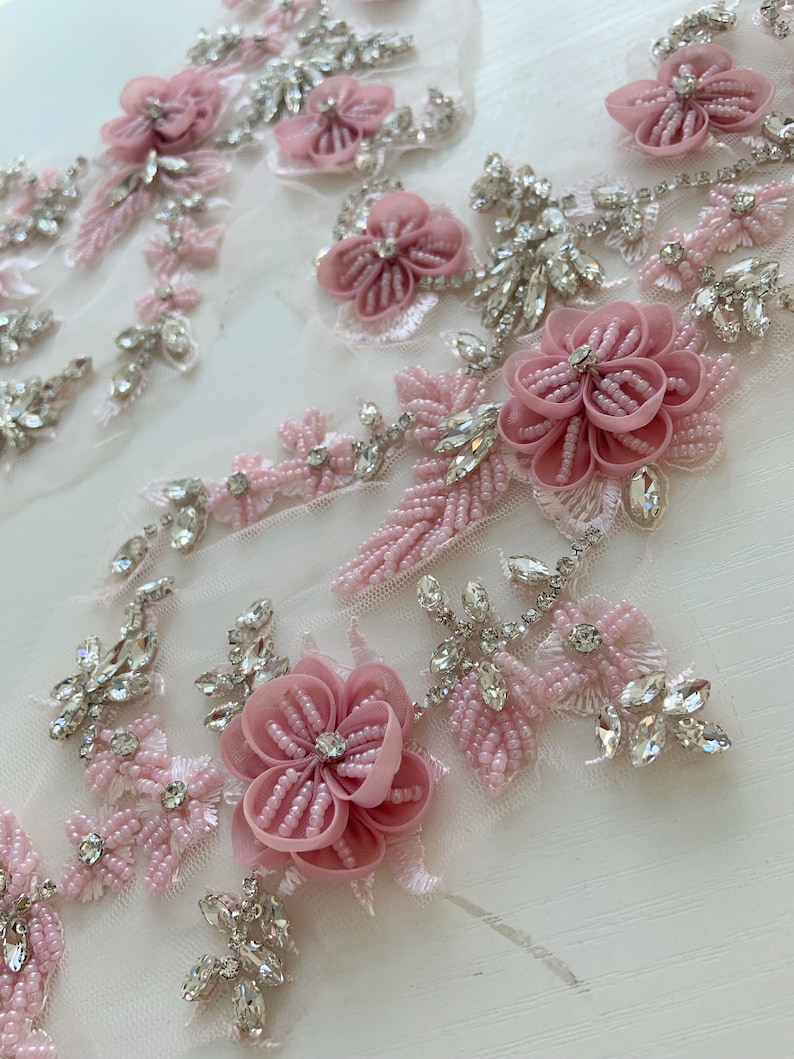 Pink rhinestone appliqué with 3d florals for couture, dance costume, bridal headpiece image 4