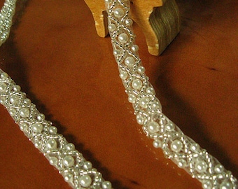 ivory beaded lace trim, pearl lace trim for bridal sash, bridal belt, heavy bead strape
