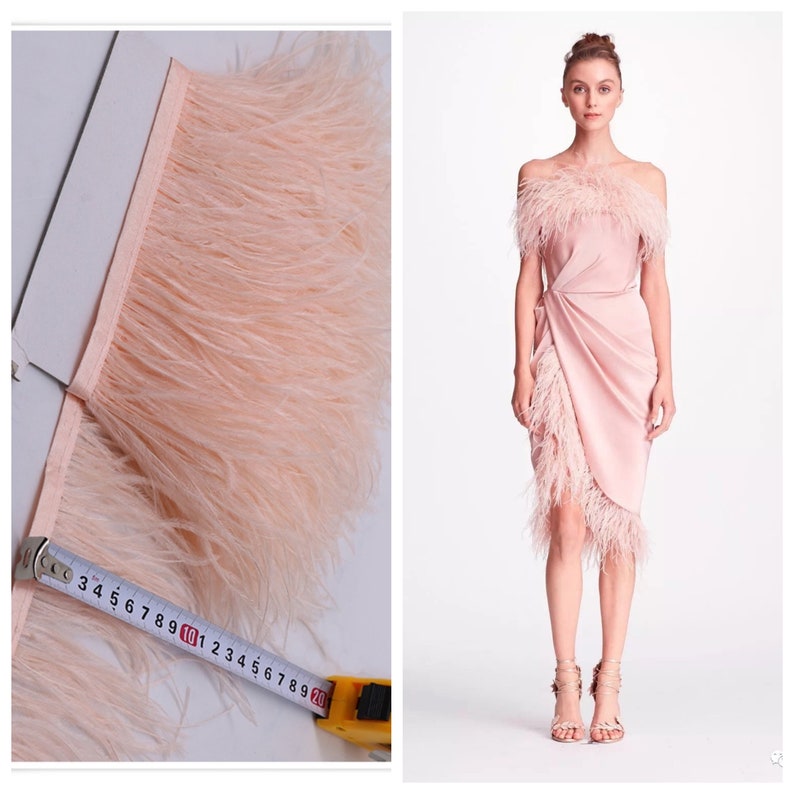 May include: A close-up of a pink feather trim with a measuring tape showing 10 inches. A pink dress with feather trim is shown in the background.