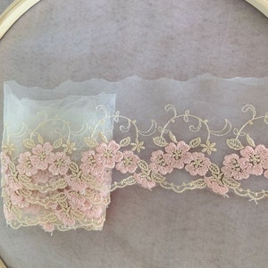 Embroidered lace trim with pink flowers