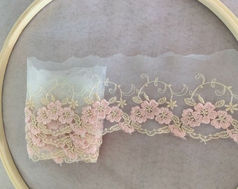 Embroidered lace trim with pink flowers