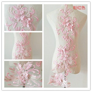 light pink 3d florals lace applique, heavy bead lace applique, 3D lace applique with rhinestones, bridal applique, 3d flower applique