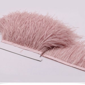 May include: Pink ostrich feather trim with a satin ribbon backing. The trim is soft and fluffy, perfect for adding a touch of elegance to any project.