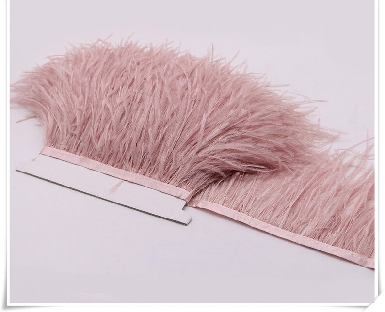 May include: Pink ostrich feather trim with a satin ribbon backing. The trim is soft and fluffy, perfect for adding a touch of elegance to any project.
