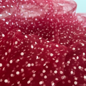 wine red tulle fabric with  velvet polka dots