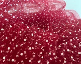 wine red tulle fabric with  velvet polka dots