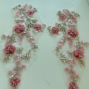 Pink rhinestone appliqué with 3d florals for couture, dance costume, bridal headpiece 1 pair in last photo