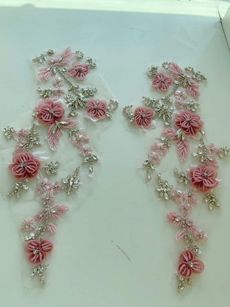 Pink rhinestone appliqué with 3d florals for couture, dance costume, bridal headpiece 1 pair in last photo
