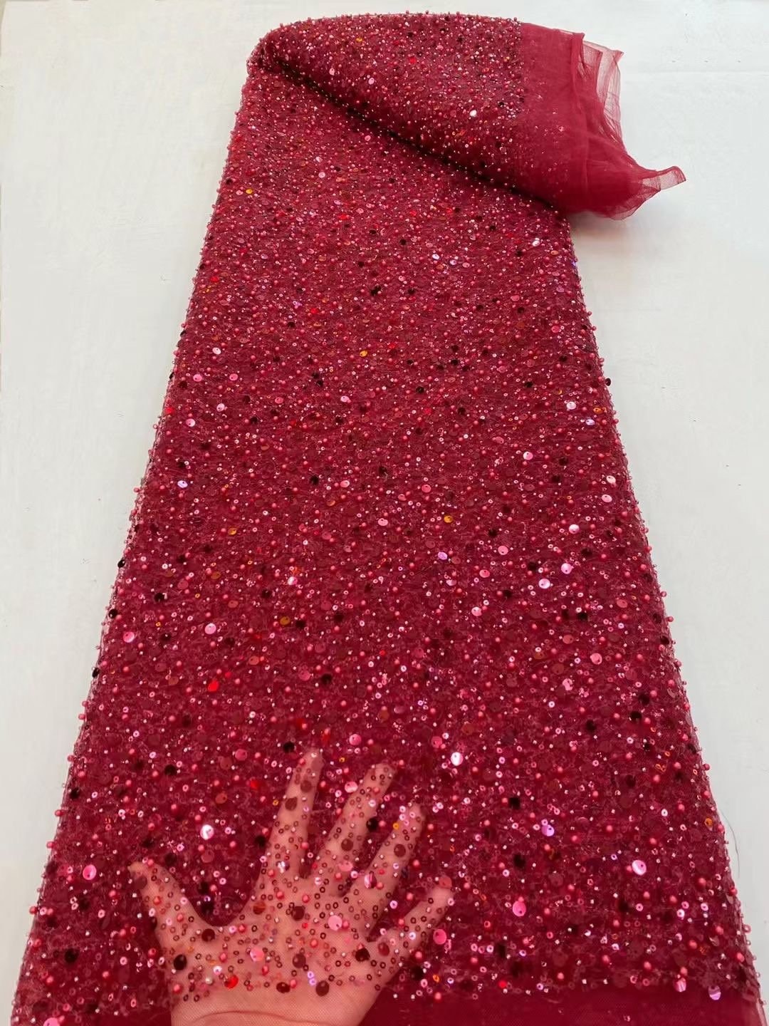 Buy Wine Red Bead Lace Fabric by the Yard for Bridal Dress, Heavy Bead  Tulle Lace Fabric Online in India