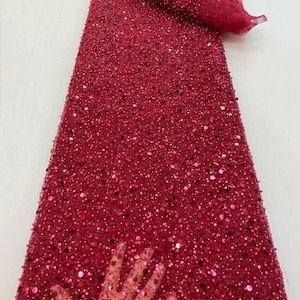 wine red bead lace fabric by the yard for bridal dress, heavy bead tulle lace fabric