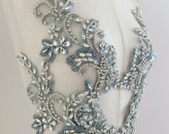 dust blue Rhinestone applique with florals for couture, dress, costume, handcrated rhinestone patch