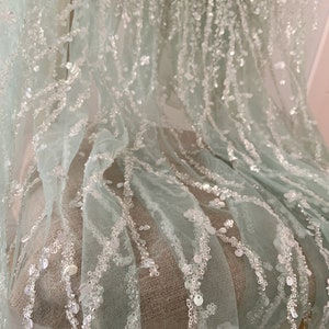 Light sage green sequined tulle lace fabric by the yard for dress, heavy bead tulle lace fabric