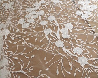 Tela de encaje blanco roto, tela de encaje bordada con flores, tela de encaje de tul con flores, tela de encaje nupcial con bordado