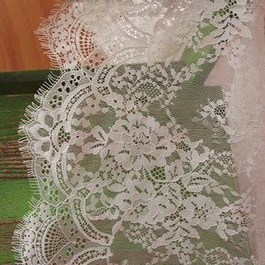 off white Chantilly lace fabric, French chantilly lace, retro wedding lace fabric with scalloped borders