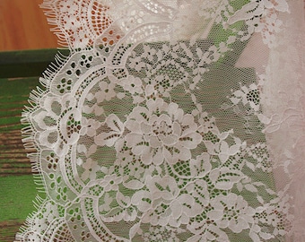 off white Chantilly lace fabric, French chantilly lace, retro wedding lace fabric with scalloped borders