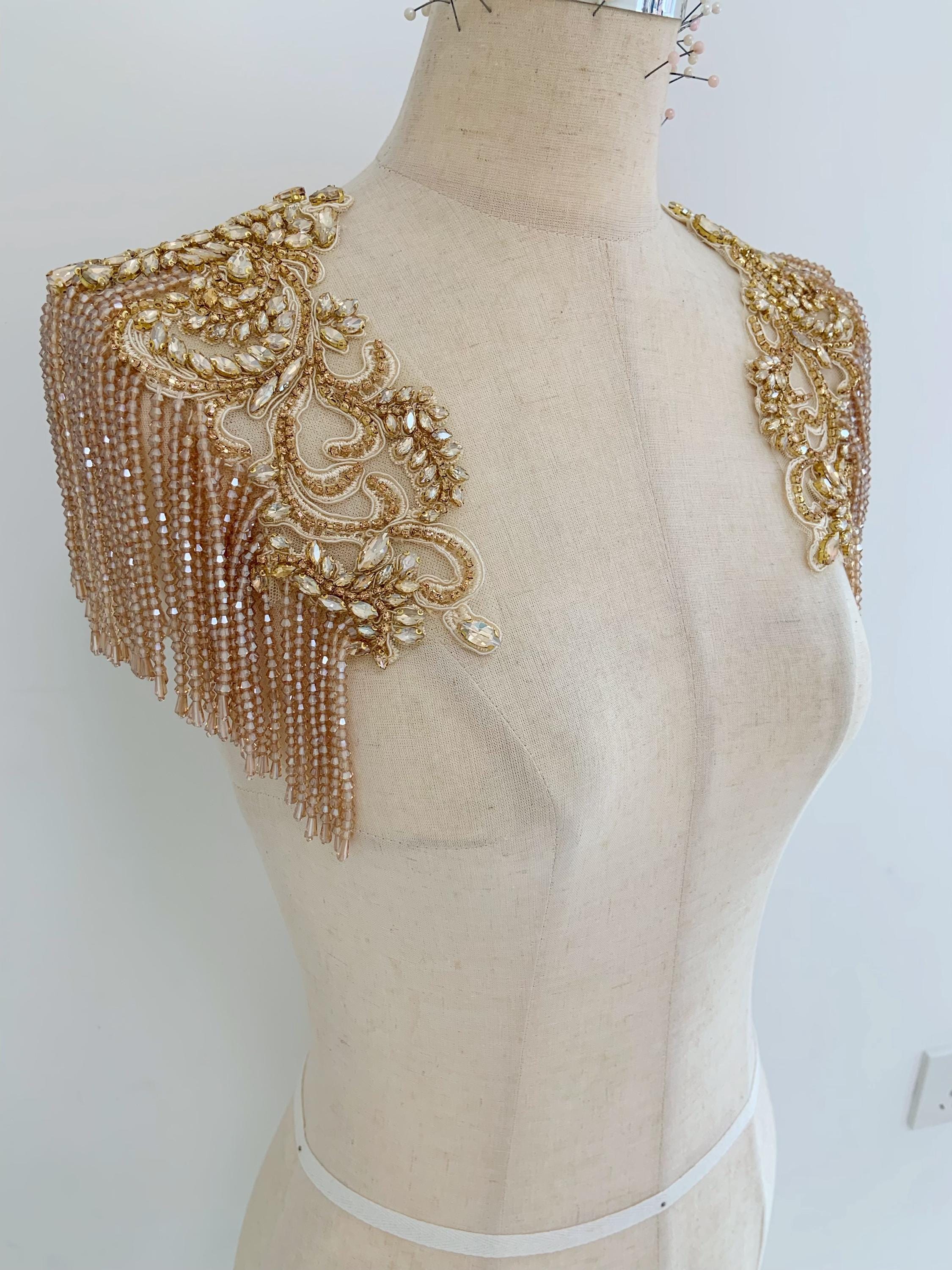Champagne Rhinestone Micro Champagne Gold Rhinestone Appliqué With Crystal Fringe, Body Jewelry ...