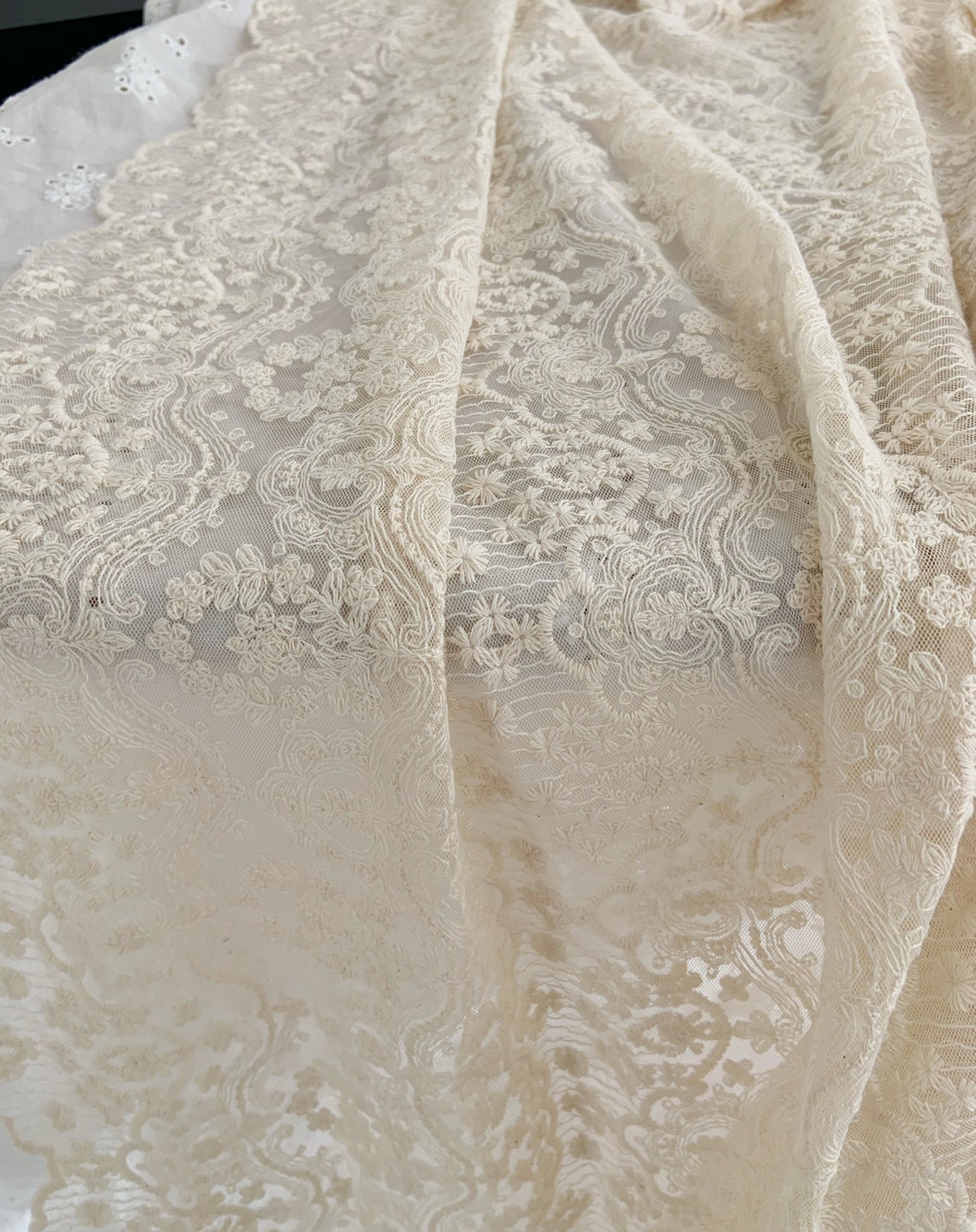 Ivory beige Embroidered tulle lace fabric with chevron | Etsy