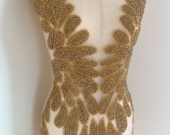 Sparkle gold Rhinestone bodice applique for corset, costume, large crystal applique, vintage style crystal appliqué , haute couture supplie