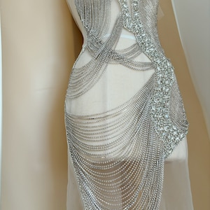 Rhinestone bodice applique with fringes and chains for bodysuit, costume, party club dress