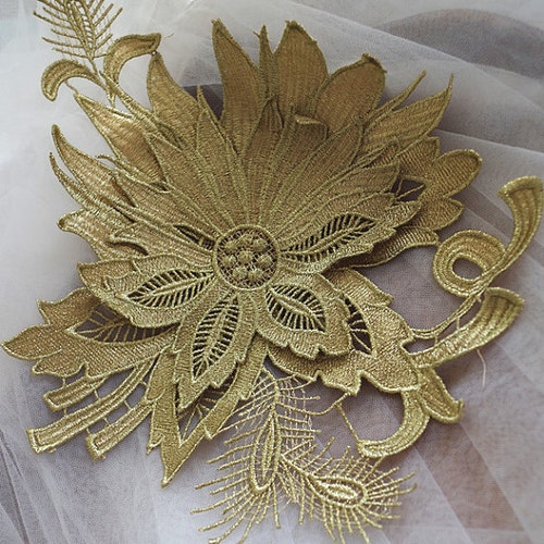 Metallic Gold Lace Applique Gold Peony Flower Lace Applique Etsy