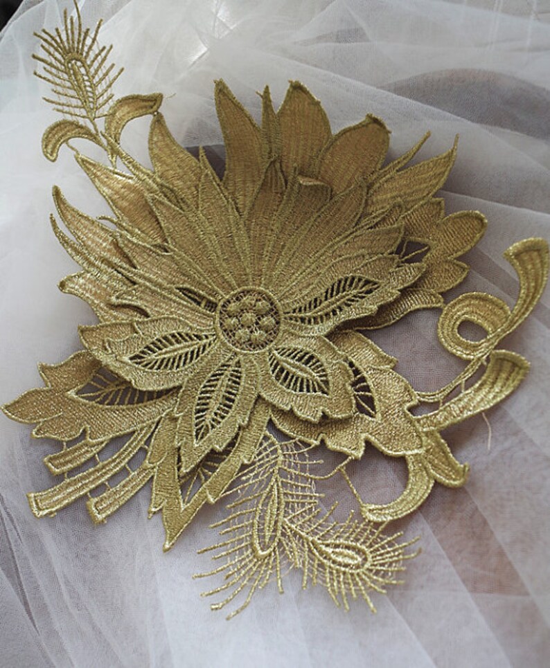 metallic gold lace applique gold hair flower gold peony flower lace applique headpiece