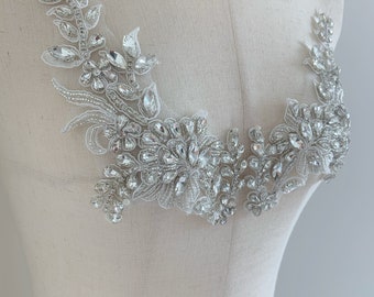 One pair silver Rhinestone bodice applique with florals motif for couture costume