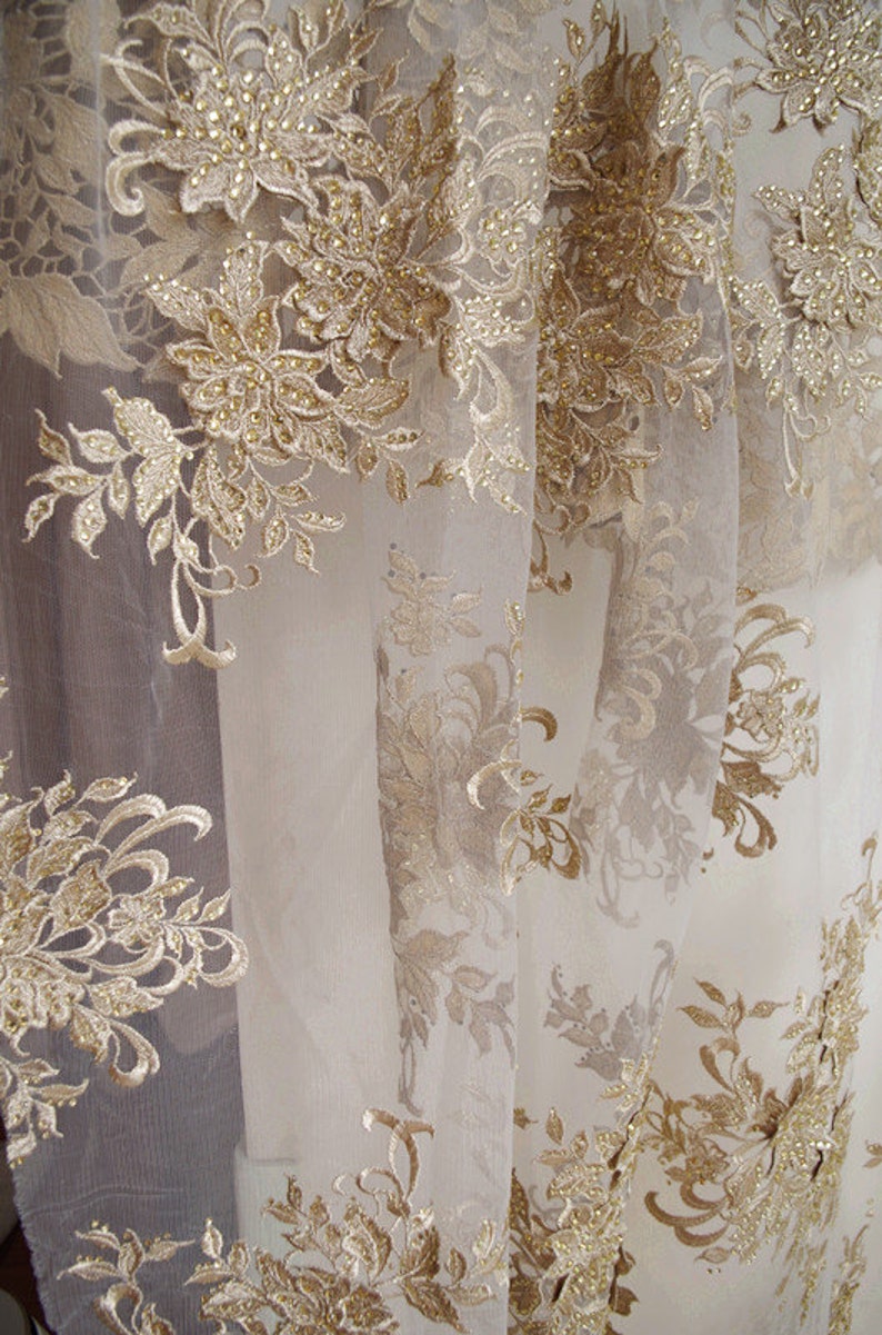 Metallic gold lace fabric with rhinestones gold lace fabric Etsy