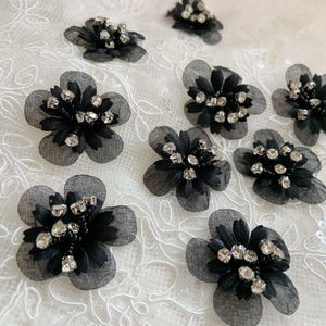5pcs black handcrafted flowers with rhinestones, black flowers patches