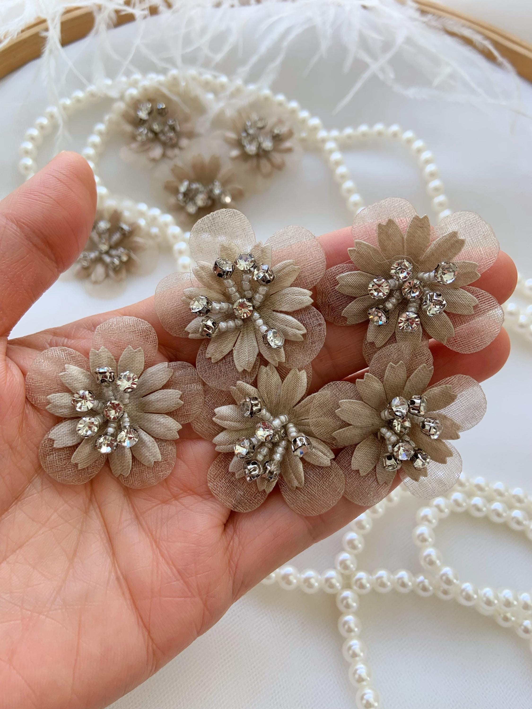 5pcs taupe flowers appliqué with rhinestones, handcrafted flowers patches for garment