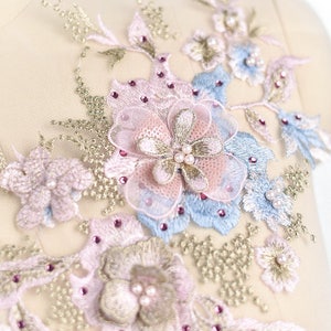 pastel blue lace applique, heavy bead lace applique, 3D lace applique with rhinestones, bridal applique, 3d floral, 3d flower applique