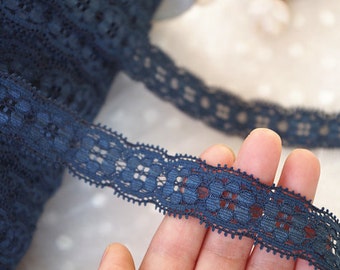 10 yards navy blue stretch lace trim, elastic lace trimming by the yard