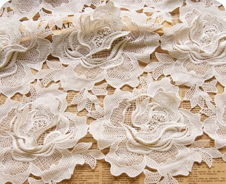Off White Crocheted Lace Fabric With 3D Peony Bridal Lace Etsy