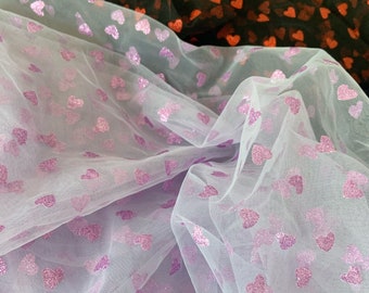 Soft tulle fabric with glitters heart, tulle lace fabric with sparkle hearts, costume, prop, wedding decors, party decors