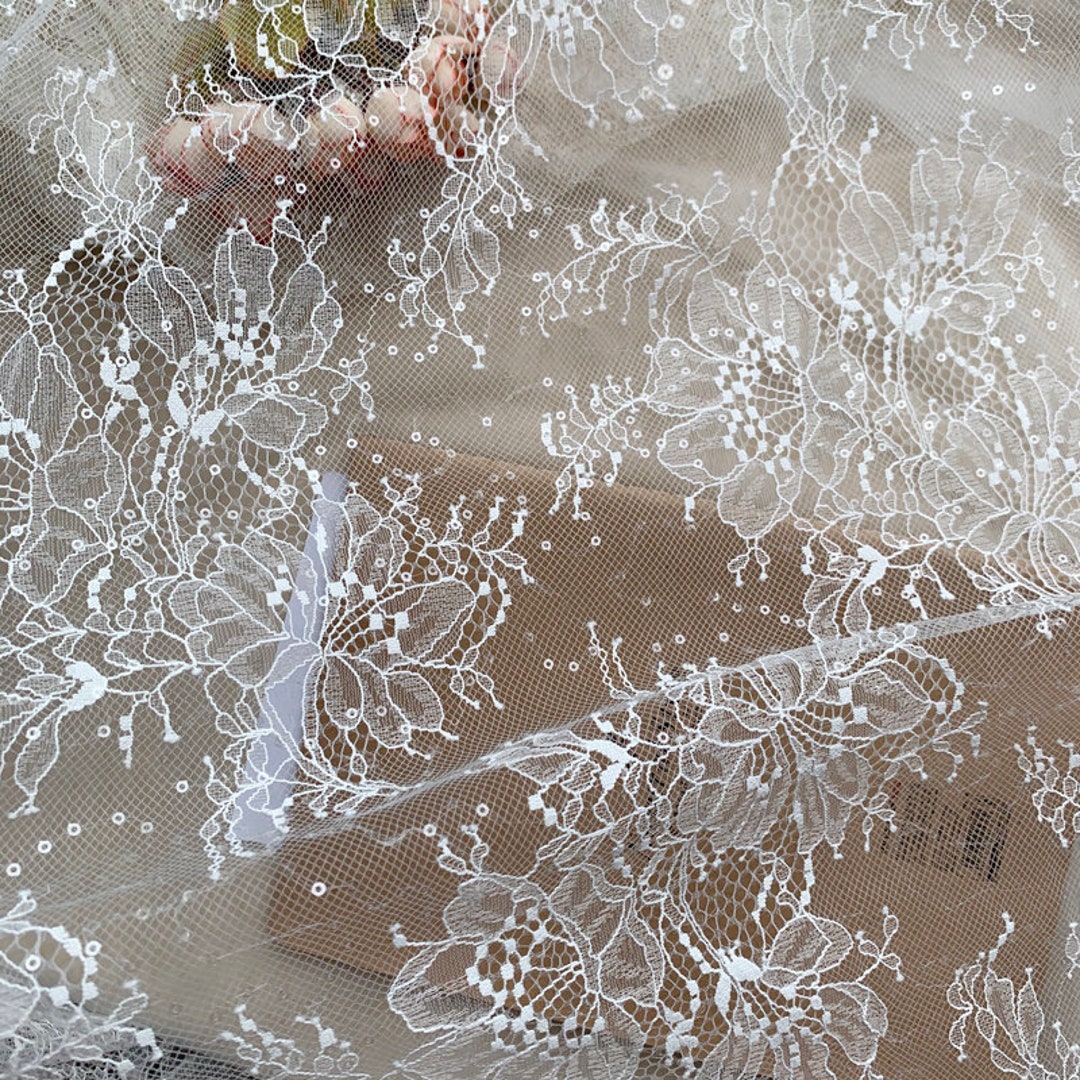 Off White Chantilly Lace Fabric With Sequins for Bridal Gown, Wedding