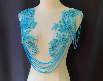 Light lake blue rhinestone appliqué with chains, body jewelry