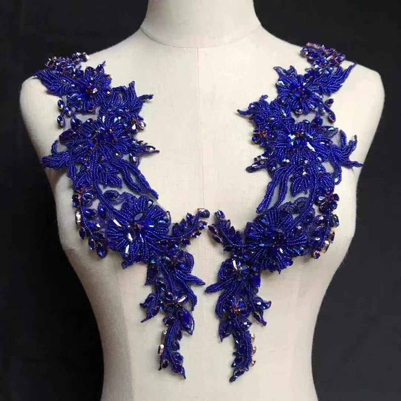 Blue Rhinestone bead applique, heavy bead handmade rhinestone applique for bridal sash, bridal headpiece, one piece
