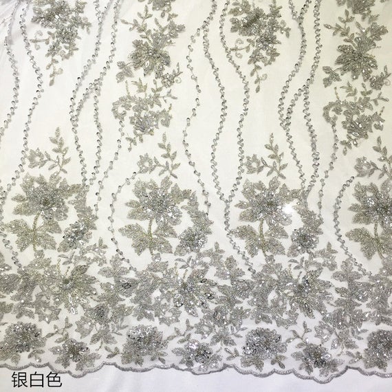silver grey heavy beaded lace fabric bead tule lace fabric heavy embroidered lace fabric with beads and sequins super delicate lace