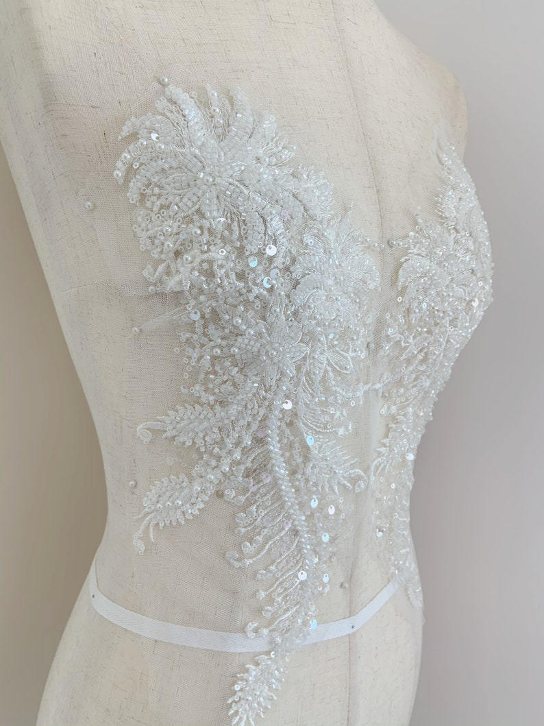 2pcs Off white bead florals lace applique, heavy bead lace applique, 3D lace applique with rhinestones, bridal applique, 3d flower applique image 5