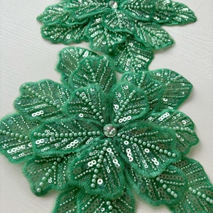 Green bead lace applique, heavy bead lace applique, 3D flowers lace applique with beads and rhinestones for haute couture image 1