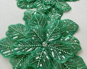 Applique de dentelle verte, applique de dentelle de perles lourde, applique de dentelle de fleurs 3D avec perles et strass pour la haute couture