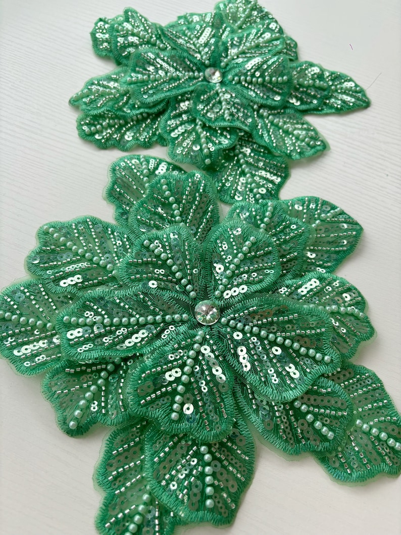 Green bead lace applique, heavy bead lace applique, 3D flowers lace applique with beads and rhinestones for haute couture image 1