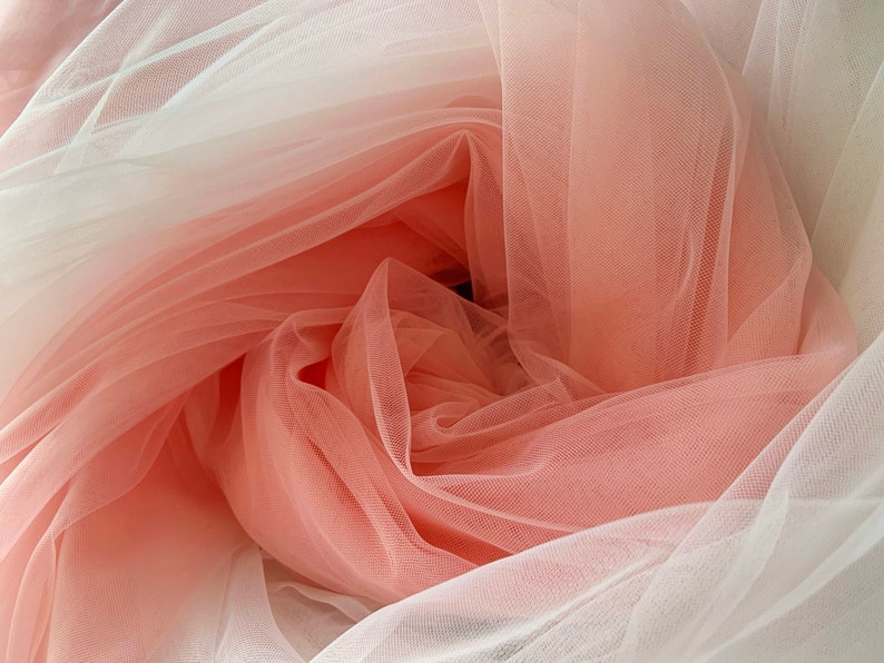 Dip dye style tulle fabric with Ombré colors, peach pink to white gradient color image 1