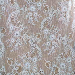 off white Chantilly lace fabric, French chantilly lace,wedding lace fabric with scalloped borders