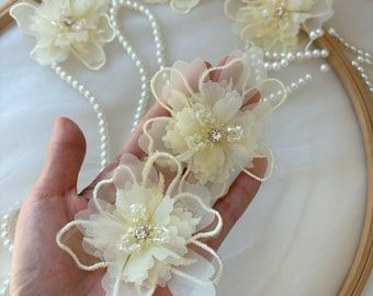 2 apliques de flores de gasa de color amarillo crema, parche de aplique floral con cuentas para vestido, alta costura, disfraz