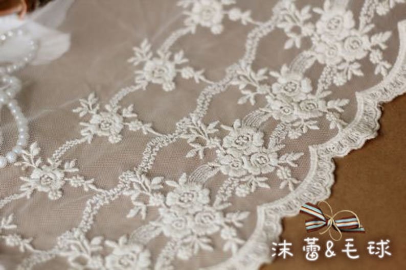 vintage style lace fabric, antique lace fabric , cotton lace fabric trim, floral embroidery lace fabric trim image 3