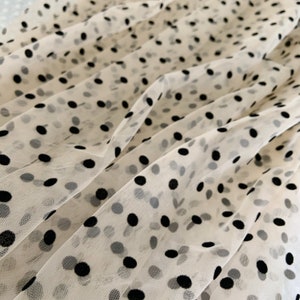 ivory cream tulle Lace fabric with  black velvet polka dots
