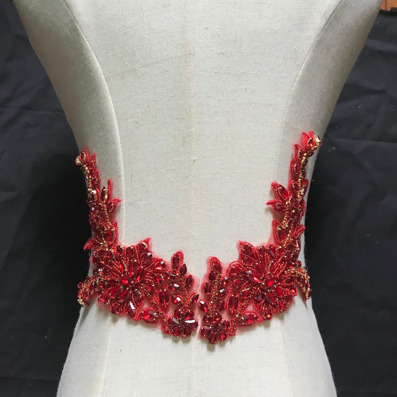 heavy bead handmade rhinestone applique for couture 2pcs Red Rhinestone bead applique