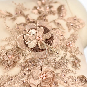 heavy bead lace applique, 3D lace applique, vintage rose gold bead lace applique, bridal dress altering supplies with rhinestone