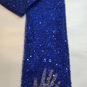 royal blue bead lace fabric by the yard for bridal dress, heavy bead tulle lace fabric