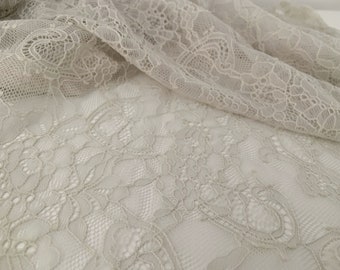 Sage grey Chantilly lace fabric, French chantilly lace,wedding lace fabric with scalloped borders